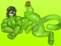1futa agitated blackhair blush cappycat cat_taur dazed dazed_expression equine_penis futa_only futanari green_eyes green_penis green_skin hair_ornament hairclips muscles nipples pawpads paws presenting presenting_balls presenting_penis red_pawpads robot solo solo_focus sphinx sweat taur