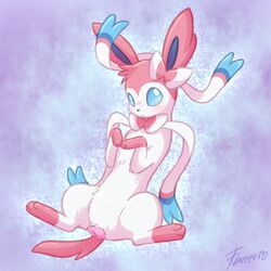 2014 anatomically_correct anatomically_correct_pussy barefoot blush bow canine_pussy cute eeveelution female feral fur furreon generation_6_pokemon happy long_ears looking_at_viewer mammal nintendo pokemon pokemon_(species) pussy sitting smile solo spread_legs spreading sylveon video_games zoophilia