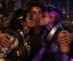1boy 2girls ai_generated dark-skinned_female dark_skin grok grok_imagine group_kiss group_kissing illari_(overwatch) interracial kissing overwatch overwatch_2 sombra tagme triple_kiss video