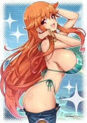 1girls ass bikini bracelets breasts brown_eyes earrings female female_only green_bikini green_swimsuit jeans jeans_down large_breasts long_hair looking_at_viewer midriff nami nami_(one_piece) navel one_piece orange_hair painted_fingernails side-tie_bikini side-tie_swimsuit striped_bikini swimsuit virus-g