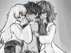 4boys abel_(lobotomy_corporation) abram_(lobotomy_corporation) adam_(lobotomy_corporation) ayin_(lobotomy_corporation) ayin_learns_howto_love_himself black_hair blush breath_cloud feminine foursome gay hand_on_chest homosexual lobotomy_corporation mostly_clothed no_visible_genitalia offscreen_sex project_moon pubic_hair saliva_trail selfcest skinny toony unknown_artist white_hair yellow_eyes