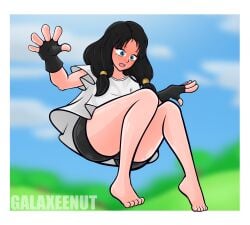 1girls ass black_hair blue_eyes breasts dragon_ball dragon_ball_super dragon_ball_z embarrassed feet female female_only floating full_body fully_clothed galaxee_nut legs legs_together legs_up nipple_piercing nipples offering pussy request shirt short_shorts shorts shy solo thighs twintails videl