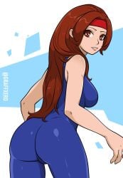 1girls bandana bending_over bent_over big_ass big_breasts big_butt blue_bodysuit blue_clothing bodysuit brown_eyes brown_hair clothed cute dat_ass female from_behind king_of_fighters light-skinned_female light_skin long_hair looking_at_viewer looking_back no_bra pointy_chin pov pov_eye_contact sideboob smile smiling smiling_at_viewer thick thighs yoga_pants yuri_sakazaki