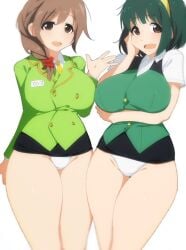 2girls big_breasts breasts brown_eyes brown_hair female female_only green_hair idolmaster large_breasts looking_at_viewer miniskirt panties revealing_clothes senkawa_chihiro short_skirt skirt smiling smiling_at_viewer tagme thick_thighs white_panties wide_hips