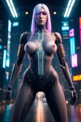 ai_generated breasts cybernetic_arm cybernetic_limb cybernetics cyberpunk cyberpunk_2077 neon_lights sexy_pose vagina