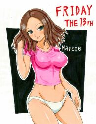 blue_eyes blush brown_hair female female_only friday_the_13th marcie_stanler panties pointy_chin seductive