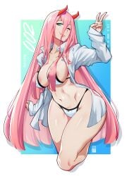 1girls bare_legs bare_thighs bayeuxman big_breasts blue_eyes bra clothed clothing color darling_in_the_franxx female female_focus female_only hi_res horns large_breasts light-skinned_female light_skin long_hair looking_at_viewer panties pink_hair solo solo_female tagme thick_thighs zero_two_(darling_in_the_franxx)