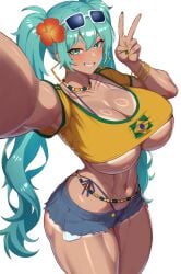 1girls ass beads big_ass big_breasts big_thighs brazil brazilian brazilian_female brazilian_miku breasts butt cyan_eyes cyan_hair female female_only gigantic_breasts hatch24601 hatsune_miku huge_ass huge_breasts huge_thighs latin_american_hatsune_miku_(meme) long_hair looking_at_viewer shirt shorts solo tagme tan tan_body thick_hips thick_thighs thighs thong twintails vocaloid waist_beads yellow_shirt