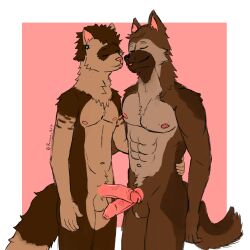 1:1 abs anthro balls brown_body canid canine canis dark_body dark_fur domestic_dog domestic_ferret duo fluffy fluffy_tail foreskin fur furry_balls genitals german_shepherd grabbing grabbing_waist herding_dog hi_res hug humanoid kissing larger_male male male/male mammal muscular mustelid musteline neck_tuft nipples pastoral_dog penis penis_on_penis privon size_difference skinny tail touching_penis true_musteline tuft weasel