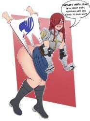 angry angry_face armor blush boots dialogue dress dress_lift embarrassed erza_scarlet fairy_tail gloves lolo_mp3 panties pigeon-toed red_eyes red_hair simple_background wedgie white_panties