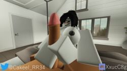 1boy 1girls 3d breasts cakeel female female_focus footjob huge_breasts huge_cock male male/female roblox roblox_avatar robloxian source_request tagme tomboy_milf twitter_username white_skin