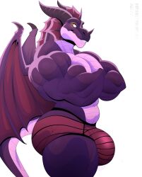 2_horns absurd_res anthro astor_the_peacock bulge clothing crossed_arms dragon hi_res horn male mythological_creature mythological_scalie mythology purple_body scalie solo underwear wings