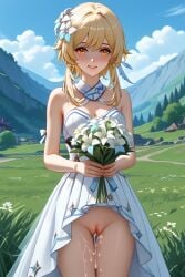 afalyca ai_generated blonde_female blonde_girl blonde_hair bouquet cum cum_in_pussy cum_on_legs dress flower flower_in_hair flowers genshin_impact grass_field hoyoverse looking_at_viewer lumine_(genshin_impact) mountains outdoors pussy smile standing yellow_eyes yellow_hair