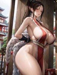 1girls ai_generated big_breasts brown_eyes brown_hair female huge_breasts japanese japanese_clothes king_of_fighters light-skinned_female light_skin long_hair mai_shiranui sideboob thick_legs thick_thighs thighs tied_hair wide_hips