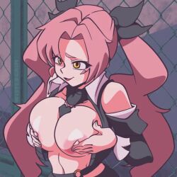 animated animation big_areola big_breasts big_nipples breasts fondling_breast gif jiggling_breasts mole_on_breast nicole_demara pink_hair tits_out twintails twistedgrim yellow_eyes zenless_zone_zero