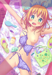 ahoge aki_(akisora_hiyori) bag bed bikini blush breasts female from_above lying original sandals solo swimsuit tagme