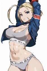 abs ahoge blonde_hair blue_eyes bra breasts cammy_white female jacket looking_at_viewer maswaka muscular muscular_female navel panties scar short_hair solo street_fighter street_fighter_6 underwear