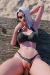 3d ashe_(overwatch) beach beach_sex big_penis bikini bikini_bottom bikini_bottom_aside hand_behind_head huge_cock kitway laying_down laying_on_back laying_on_bench oil oiled oiled_skin overwatch penis public public_nudity public_sex shiny shiny_skin smile smiling smiling_at_partner sports_bra tattoo tattoos vaginal_penetration