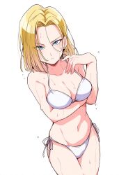 ai_generated android_18 arm_under_breasts ass_visible_through_thighs bare_arms bare_belly bare_legs bare_shoulders bare_thighs belly_button big_breasts bikini blonde_hair blue_eyes blush breasts cleavage closed_mouth collarbone dragon_ball jei_games short_hair side-tie_bikini_bottom thighs wet_body white_bikini