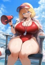 ai_generated ameanon big_breasts blonde_hair blue_eyes breasts cleavage female hololive hololive_english hololive_myth huge_breasts large_breasts lifeguard lifeguard_swimsuit one-piece_swimsuit red_swimsuit sideboob sitting sweat thick_thighs virtual_youtuber visor visor_cap vtuber watson_amelia whistle