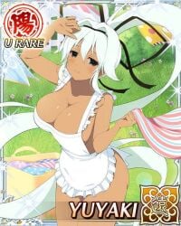 1girls apron blue_eyes breasts clothes flowers fu-reiji grass hair_ribbon hanging_clothes holding_clothes large_breasts laundry laundry_basket looking_at_viewer naked_apron outside ponytail senran_kagura white_hair yuyaki_(senran_kagura)