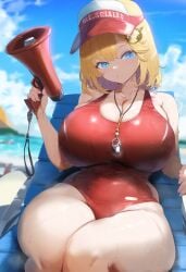 ai_generated big_breasts blonde_hair blue_eyes breasts cleavage female hololive hololive_english hololive_myth huge_breasts large_breasts lifeguard lifeguard_swimsuit one-piece_swimsuit red_swimsuit sideboob sitting sweat thick_thighs virtual_youtuber visor visor_cap vtuber watson_amelia whistle