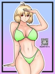 ahoge arcueid_brunestud belly big_ass big_breasts blonde_hair breasts curvy daatdraws green_swimsuit hips huge_boobs huge_breasts large_boobs large_breasts looking_at_viewer melty-blood melty_blood navel plump posing red_eyes short_hair smile swimsuit thick tsukihime tummy type-moon vampire vampire_girl wide wide_hips