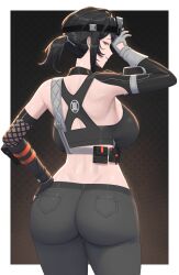 ass black_gloves black_hair black_pants breasts brown_eyes cowboy_shot crop_top female fingerless_gloves from_behind gloves goggles goggles_on_head grace_howard hair_between_eyes highres huge_ass large_breasts long_hair looking_at_viewer pants ponytail shou_illust sidelocks simple_background smile solo sweat white_gloves zenless_zone_zero