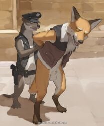 2024 5:6 animal_genitalia anthro balls biped bottomless bottomless_anthro bottomless_male brown_body brown_fur canid canine claws clothed clothing countershade_torso countershading digital_media_(artwork) digitigrade duo fox fully_sheathed fur genitals hi_res male male_anthro mammal multicolored_body multicolored_fur mustelid orange_body orange_fur otter paws pngx_(artist) police police_hat police_officer red_fox semi-anthro sheath toe_claws topwear true_fox vest whiskers white_balls white_body white_fur white_sheath yellow_eyes