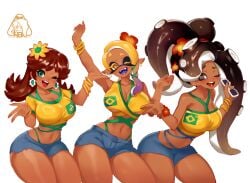 3girls bimbo brazil brazilian brazilian_female brazilian_miku brazilian_miku_(cosplay) breasts brown_hair cleavage dark-skinned_female dark_skin female female_only frye_(splatoon) green_eyes hatsune_miku large_breasts latin_american_hatsune_miku_(meme) little_blood marina_(splatoon) mario_(series) princess_daisy short_shorts shorts splatoon tan_body tan_skin thick_thighs thighs vocaloid white_background wide_hips