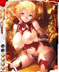 blonde_hair breasts female glasses hair large_breasts lilith-soft nipples potion_(moudamepo) shinohara_mari solo taimanin_(series) taimanin_asagi taimanin_asagi_battle_arena taimanin_asagi_battle_arena_all_card_gallery torn_clothes