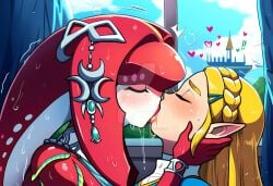 2girls ai_generated both_blushing breath_of_the_wild eyes_closed fish_girl fish_humanoid interspecies interspecies_yuri kissing making_out mipha powerhouserift saliva sloppy_kiss the_legend_of_zelda wet_body wet_kiss wet_skin yuri zelda_(breath_of_the_wild)