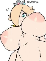 1girls bimbo blonde_hair female gigantic_breasts hips huge_breasts light-skinned_female light_skin lips looking_at_viewer looking_down low-angle_view mafufim mario_(series) naked_female navel nintendo nipples nude nude_female princess_rosalina puffy_areolae puffy_nipples rosalina under_boob white_background wide_hips