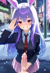 bunny_ears female outdoors purple_hair skirt smile snow tie younger_female