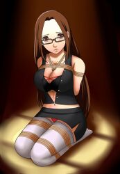 2d 2d_(artwork) bondage bound bound_arms bound_legs breasts brown_hair dankestofdans female female_focus female_only fushimi_chihiro human humanoid light-skinned_female light_skin on_knees persona persona_3 rope rope_between_breasts rope_bondage submissive submissive_female thighs