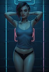 ai_generated angel_light angel_light_(artist) brown_eyes cd_projekt_red cyberpunk_2077 female judy_alvarez multicolored_hair nipples_visible_through_clothing panties