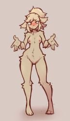 2024 anthro blush bovid breasts brown_eyes caprine collarbone digitigrade ewe female fur furry genitals hair hair_bun looking_at_viewer mammal mewgle navel nipples pussy sheep simple_background smile solo standing tan_body tan_fur unknown_character