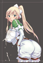 alfheim_online ass big_ass blonde_hair blush bracelet braid breast_hold breasts elf female green_eyes hair_ornament lactation large_breasts leafa leaning leaning_forward long_hair looking_at_viewer pants pointy_ears ponytail puffy_sleeves sword_art_online sword_art_online:_fairy_dance sylph tied_hair