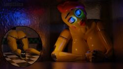 3d_(artwork) absurd_res anthro avian bird chicken digital_media_(artwork) female five_nights_at_freddy's five_nights_at_freddy's_2 galliform gallus_(genus) glowing glowing_eyes hair hi_res lordchica_(artist) orange_hair phasianid scottgames solo stuck through_wall toy_chica_(fnaf) toy_chica_(psychojohn2) yellow_body