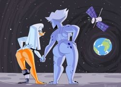 alien alien_humanoid anatid anseriform anthro ass avian beak big_butt bird breasts butt_size_difference della_duck digital_media_(artwork) disney duck ducktales ducktales_(2017) duo earth female female/female hair hand_holding hand_on_hip hi_res humanoid moon nipples nude oddjuice outside penumbra_(ducktales) planet prosthetic prosthetic_leg prosthetic_limb roswell_grey satellite side_boob smile space star