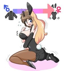 ass_expansion breast_expansion bunny_ears bunny_girl bunnysuit business_suit clothing_transformation eye_color_change gender_transformation genderswap_(mtf) hair_color_change haruozi leotard mid-transformation pantyhose tagme thigh_expansion transformation