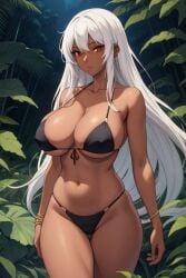 big_breasts bikini dark-skinned_female jewelry jungle jungle_background jungle_girl looking_at_viewer original_character red_eyes white_hair