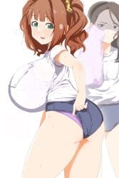 2girls adjusting_clothes annoyed ass big_breasts bloomers breasts brown_hair buruma exhausted green_eyes gym_uniform huge_breasts idolmaster kumadaibako large_breasts looking_at_viewer looking_back purple_panties sweat tagme thick_thighs tired wet_clothes yayoi_takatsuki