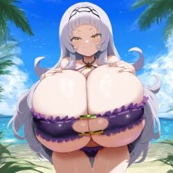 ai_generated alternate_breast_size ameanon beach big_breasts bikini breasts breasts_bigger_than_head center_opening cleavage gigantic_breasts hands_on_breasts hololive hololive_gen_2 huge_breasts hyper_breasts large_breasts murasaki_shion paizuri_invitation sideboob underboob virtual_youtuber vtuber white_hair