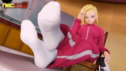 3d android_18 blonde_hair blue_eyes blush blushing_at_viewer crossed_legs dragon_ball dragon_ball_super dragon_ball_z feet kitchen looking_at_viewer necdaz91 shoes_removed sitting_on_chair socks socks_on socks_only tagme tagme_(artist) toei_animation white_skinned_female