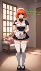 ai_generated green_eyes maid maid_apron maid_headdress maid_outfit maid_uniform orange_hair patreon penny_polendina robot_girl rwby self_upload skimpy skimpy_clothes slutty_outfit tagme text twistedpeach