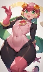 1girls ai_generated cameltoe capcom female_focus gloves green_eyes helmet latex_suit mega_man mega_man_battle_network roll.exe small_breasts suit