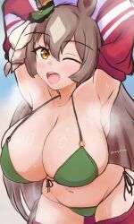 armpits bikini curvy gym_uniform huge_breasts huge_thighs jacket looking_at_viewer one_eye_closed open_mouth plump satono_diamond_(umamusume) signature smile steam sweat sweaty thick_thighs umamusume undressing upper_teeth_only voluptuous wide_hips