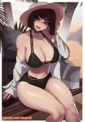 1girls bare_arms bare_legs bare_shoulders bare_thighs big_breasts bikini bikini_bottom bikini_top blush clothed clothing color female female_focus female_only fit_female fubuki_(one-punch_man) green_eyes green_hair hat hi_res hourglass_figure jewelry knees large_breasts light-skinned_female light_skin looking_at_viewer mature_female midriff one-punch_man perfect_legs shiny_skin short_hair sitting slim_waist solo solo_female stopu tagme thick_thighs thighs thighs_together wide_hips