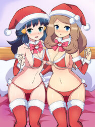 2girls alternate_breast_size big_breasts bikini blue_eyes blue_hair blush boots breasts brown_hair cameltoe christmas chro cleavage dawn_(pokemon) female female_only hourglass_figure human human_only large_breasts long_hair looking_at_viewer medium_breasts multiple_girls navel nintendo offscreen_character panties pokemon serena_(pokemon) thigh_boots thighhighs underwear